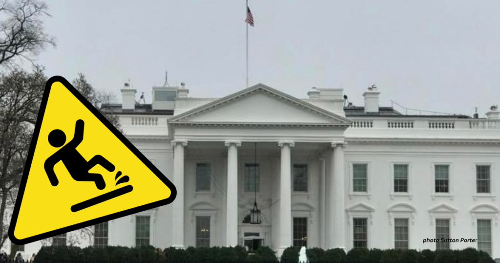 Satire article with the White House and a falling man sign